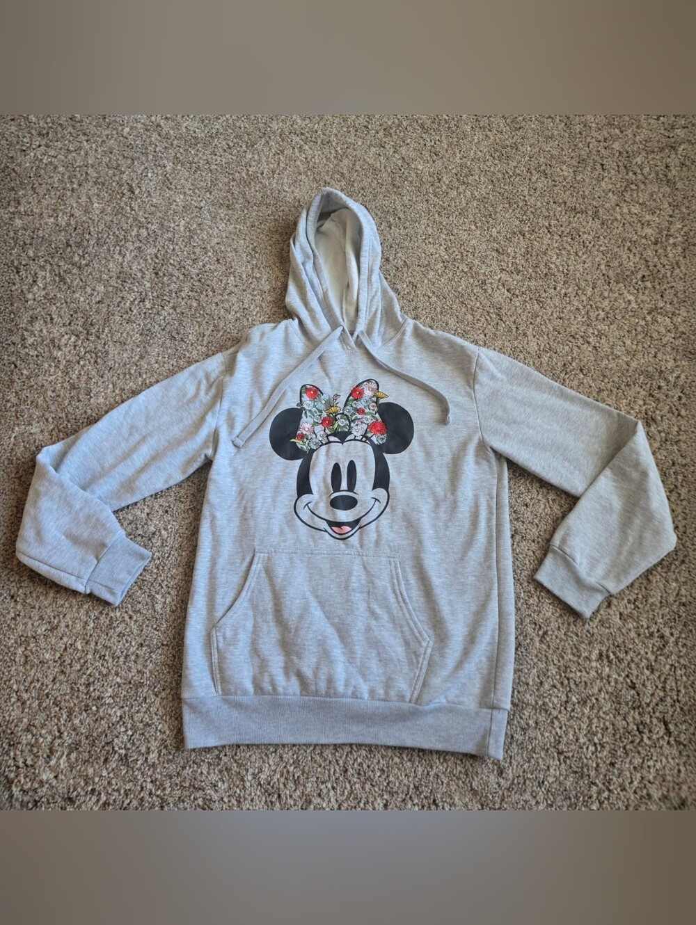 Disney Minnie Mouse Floral Embroidered Grey Hoodie Sweatshirt Womens Size Medium